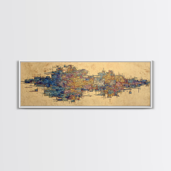 Abstract African City Map Canvas Print, Modern Geometric Wall Decor, Blue Orange Afrocentric Art, Panoramic Office Decor