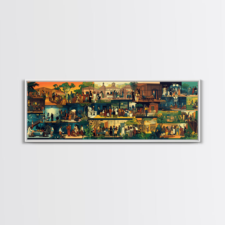Vibrant African Village Scenes Wall Art, Narrative Marketplace Painting, Cultural Home Decor, Afrocentric Gallery Print Gift