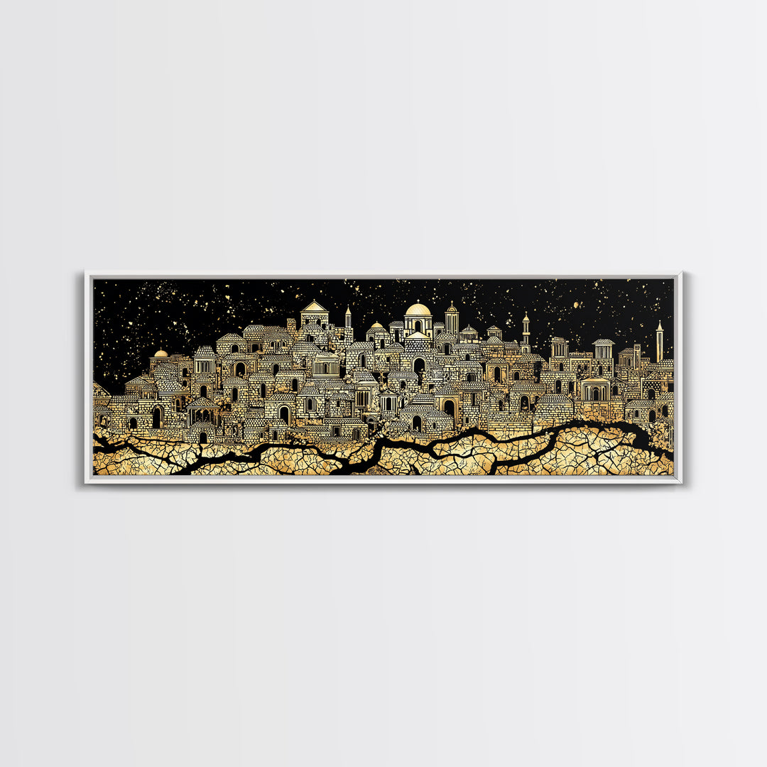Gold African Night City Wall Art, Starry Palace Skyline, Black And Gold Cultural Decor, Panoramic Canvas Print Gift For Home