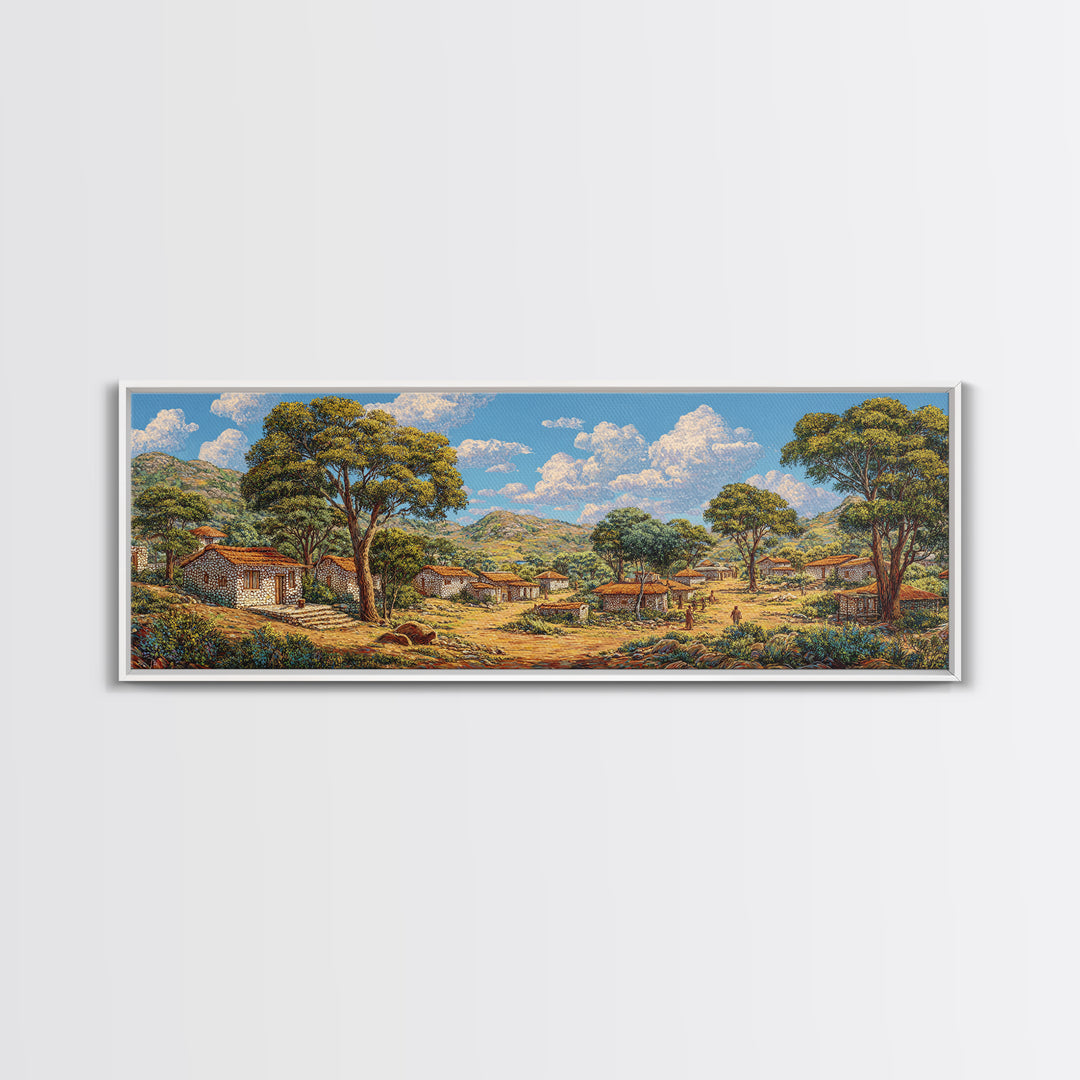 Sunlit African Countryside Landscape Wall Art, Village Nature Scene, Safari Decor, Earth Tone Panoramic Living Room Print
