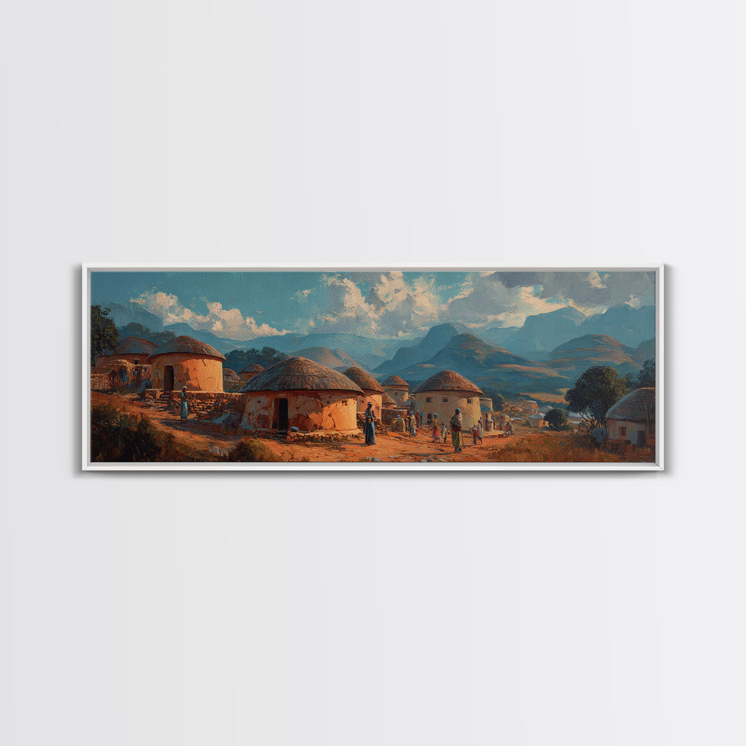 Traditional Round Hut Village Canvas Print, African Landscape Wall Art, Cultural Home Decor, Mountain Sunset Room Accent