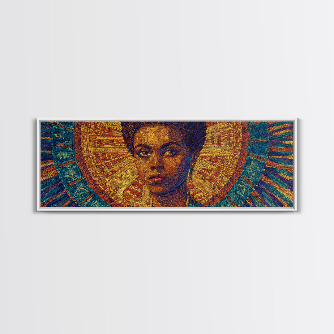 Regal Black Woman With Golden Halo Framed Canvas Print, Afrocentric Wall Art, African Queen Portrait, Melanin Decor Gift