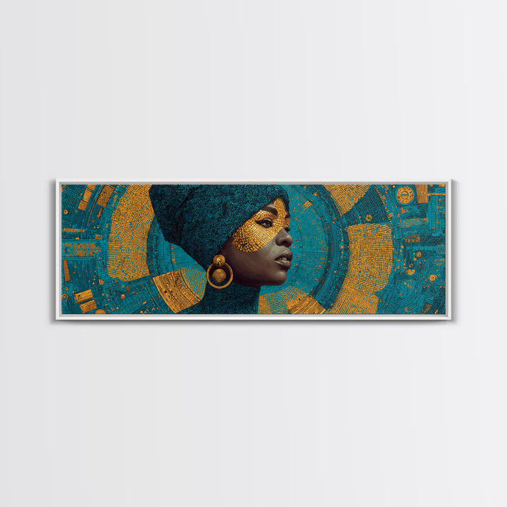 Elegant Black Queen Profile Framed Canvas Print, African Woman Art, Teal Gold Afrocentric Wall Decor, Melanin Portrait Gift
