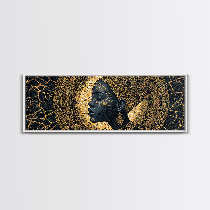 Golden Profile Black Woman Portrait, Abstract African Art Framed Canvas Print, Afrocentric Wall Art, Elegant Home Decor