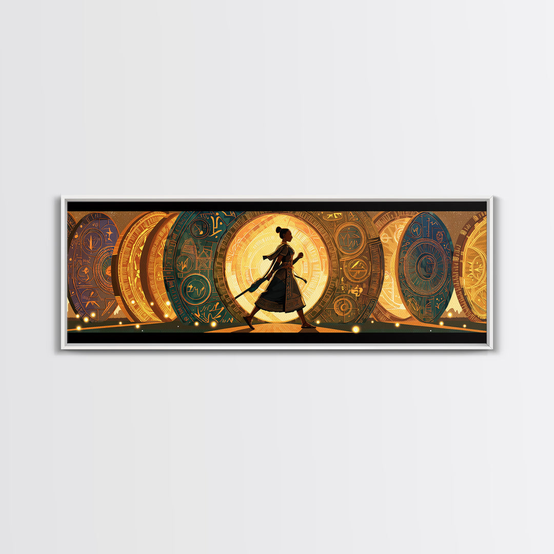 Walking African Woman Silhouette, Golden Portal Wall Art, Modern African Art Canvas Print, Boho Afrocentric Home Decor Gift