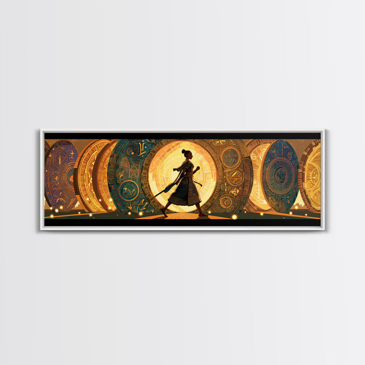 Walking African Woman Silhouette, Golden Portal Wall Art, Modern African Art Canvas Print, Boho Afrocentric Home Decor Gift