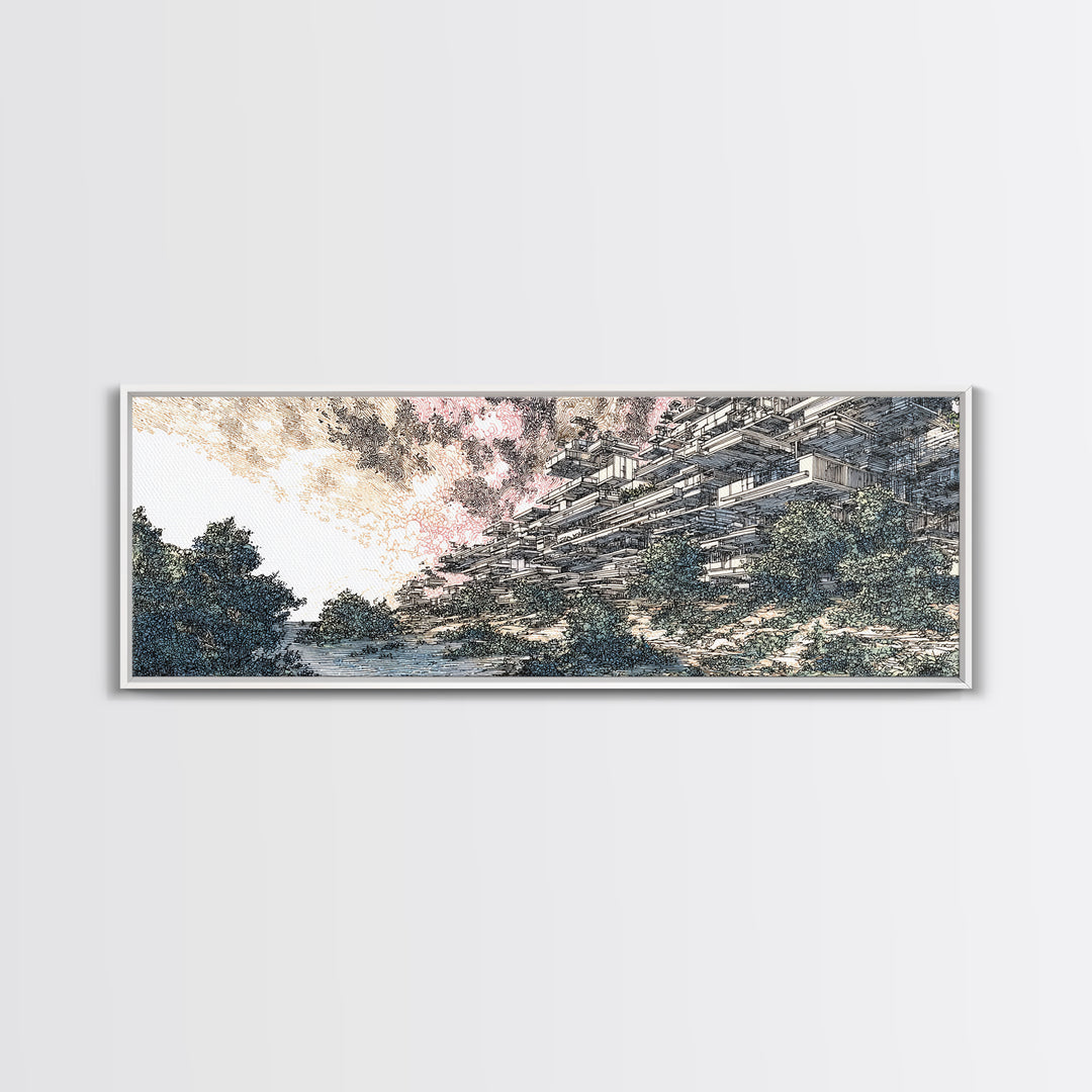 Riverside Brutalist Architecture Wall Art, Modern Landscape Print, Blue Green Urban Nature Decor, Contemporary Canvas For Office