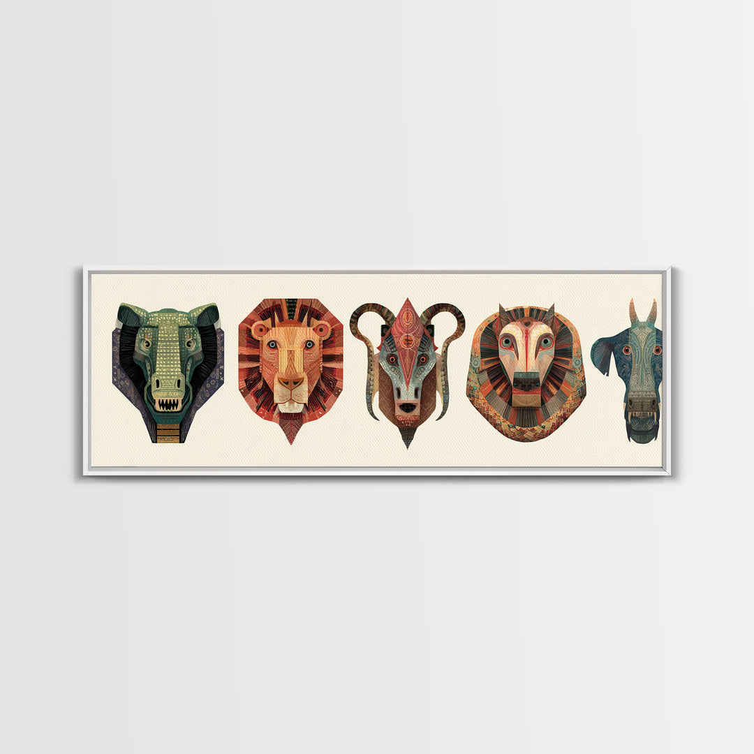 African Animal Mask Collection Framed Canvas Print, Elephant Lion Ram Baboon Tribal Wall Art, Safari Decor For Bold Home