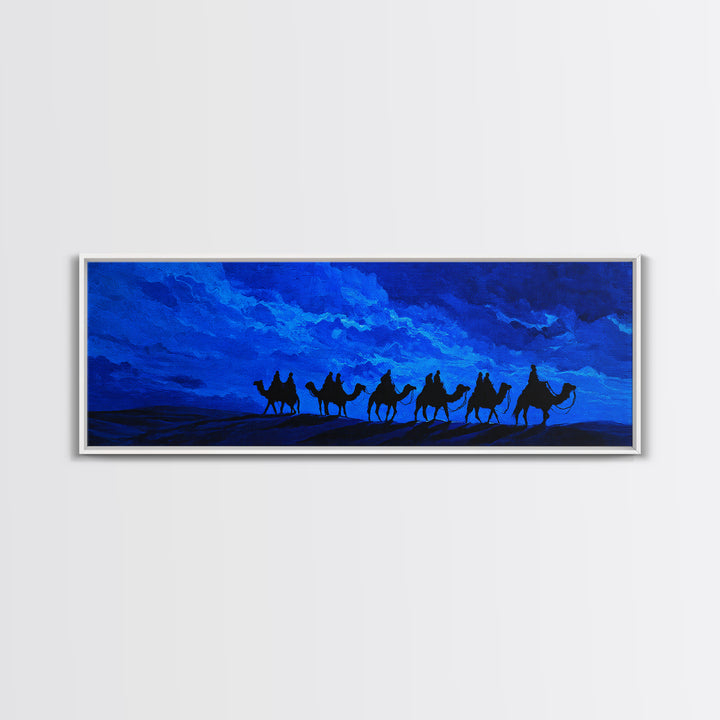 Blue Desert Camel Caravan Wall Art, Moonlit Nomad Silhouette Print, African Safari Decor, Mystical Travel Canvas For Bedroom
