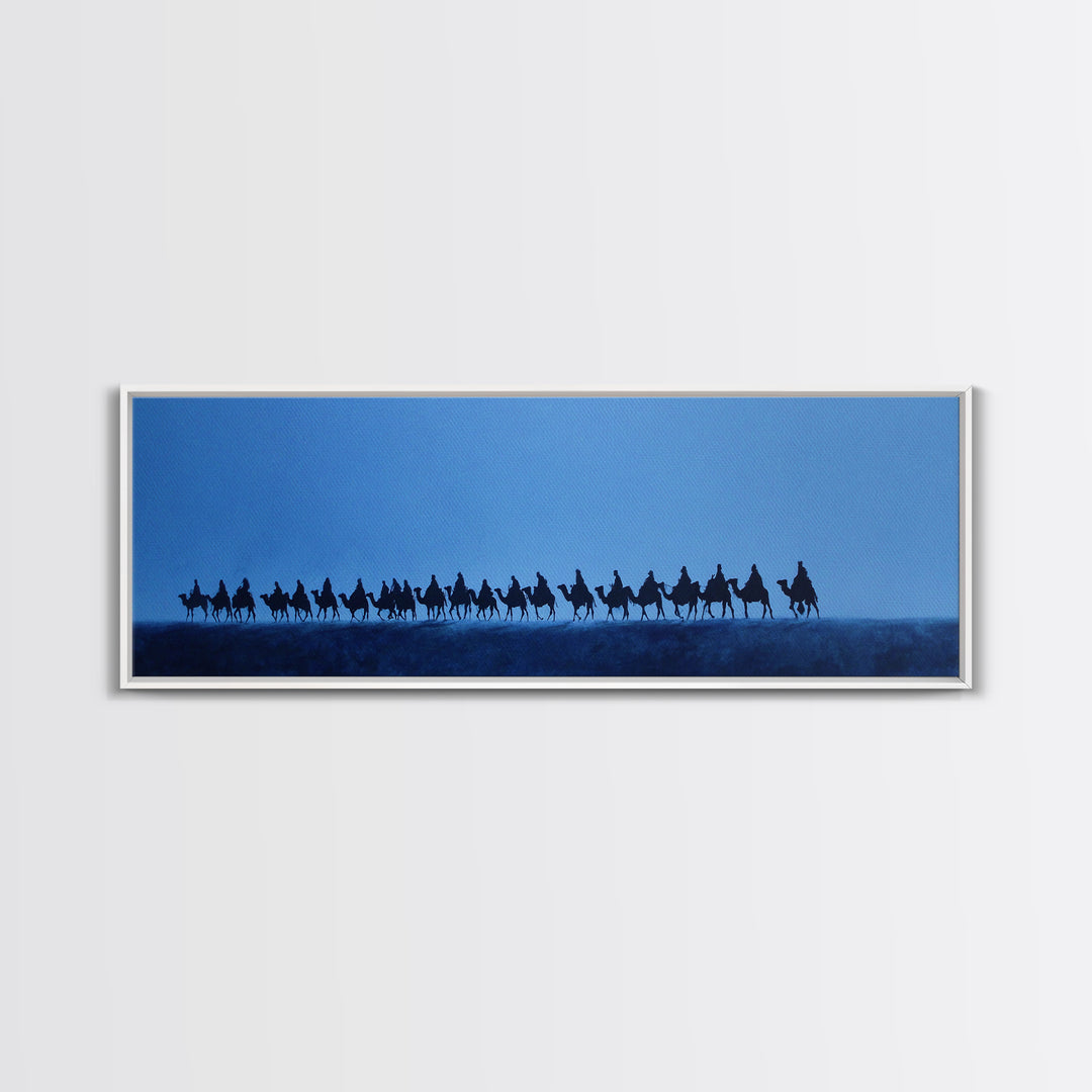 Distant Camel Caravan Canvas Print, Blue Desert Horizon Wall Art, African Travel Poster, Minimalist Safari Decor For Living Room