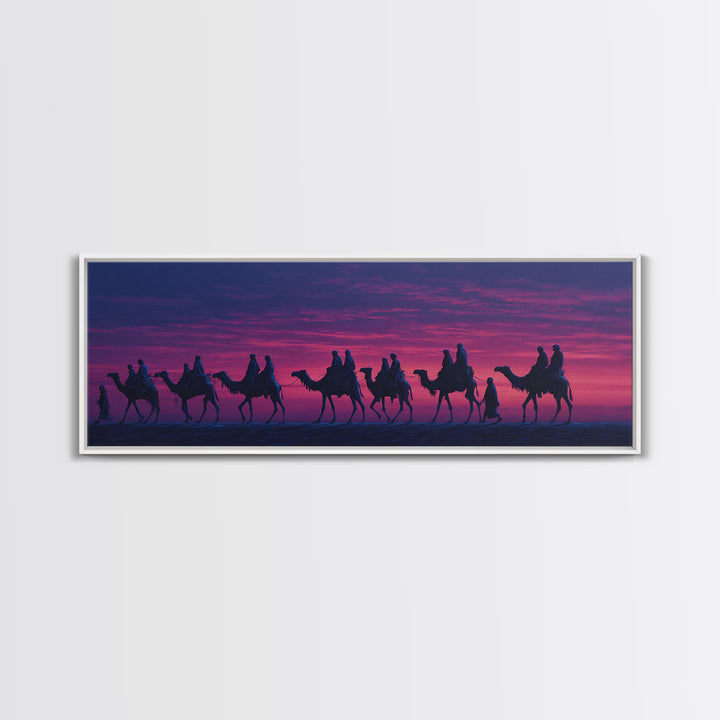Purple Sunset Camel Caravan Wall Art, Desert Nomad Silhouette Painting, African Safari Decor, Travel Canvas Print For Bedroom