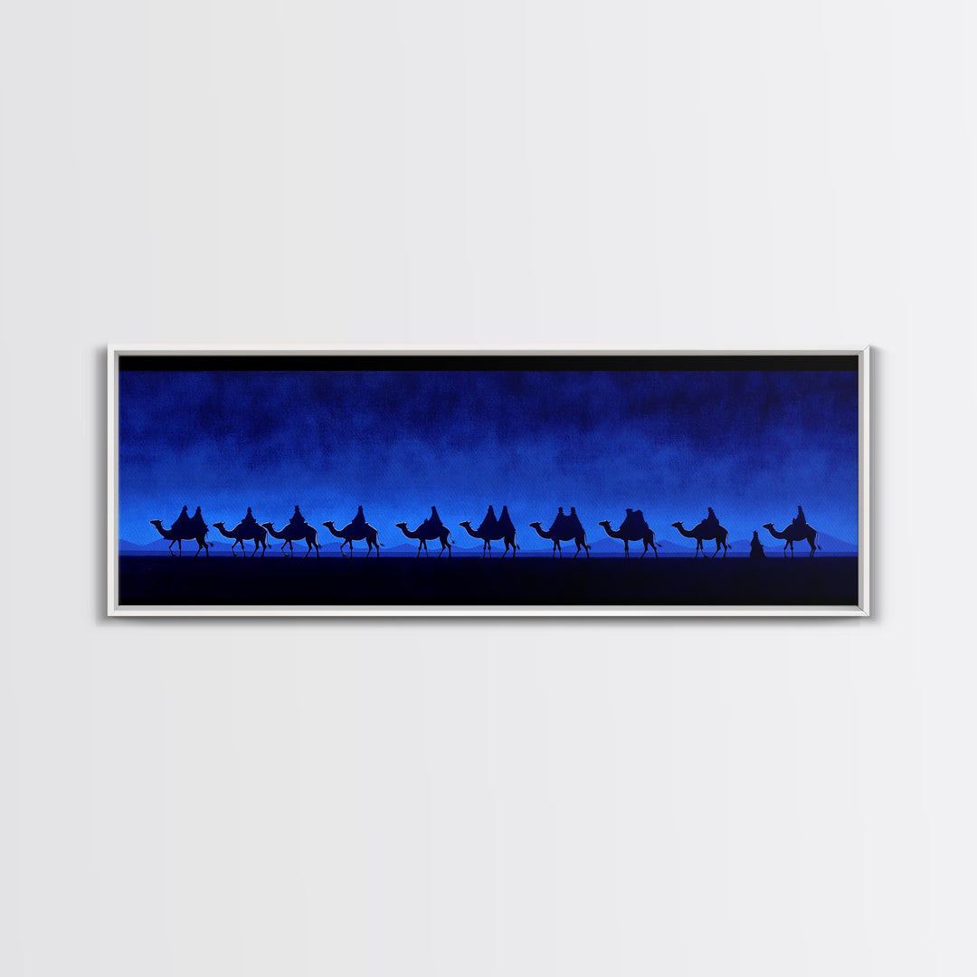 Deep Blue Camel Caravan Canvas Print, Desert Silhouette Wall Art, African Safari Poster, Minimalist Travel Decor For Home