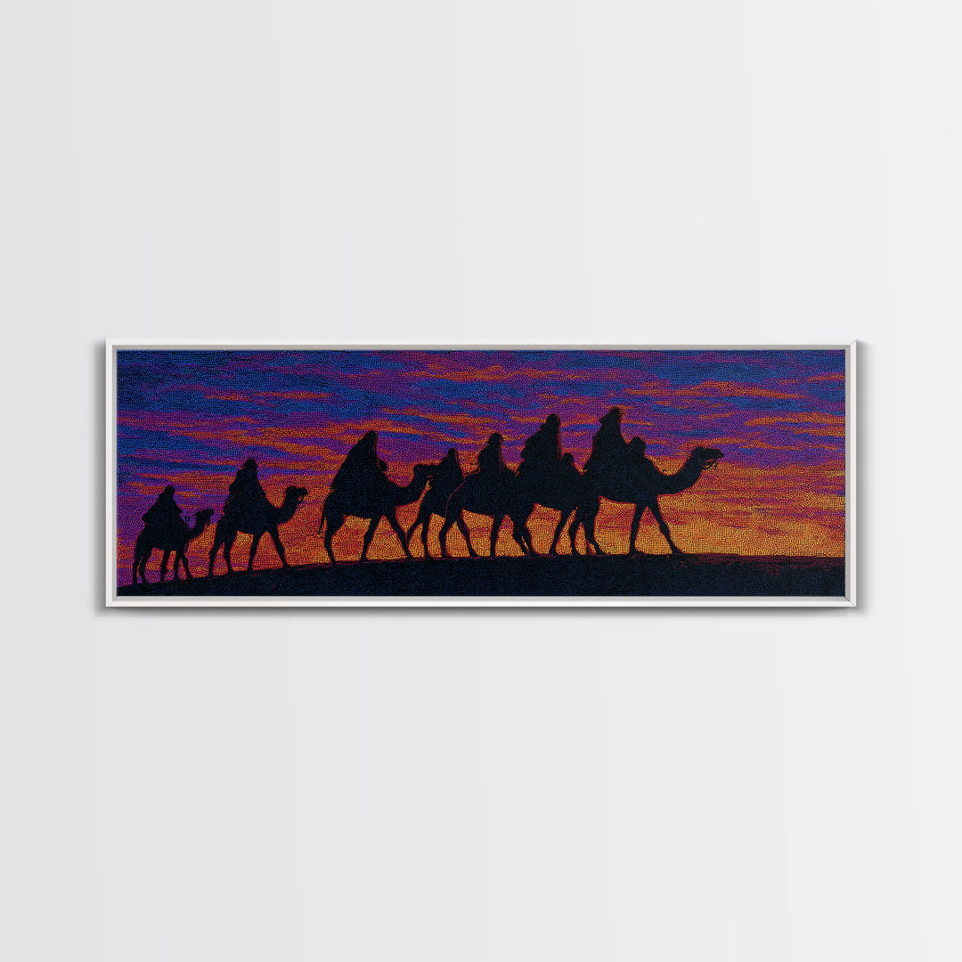 Vibrant Sunset Camel Caravan Silhouette Canvas Print, African Safari Wall Decor, Boho Desert Landscape, Colorful Art Gift
