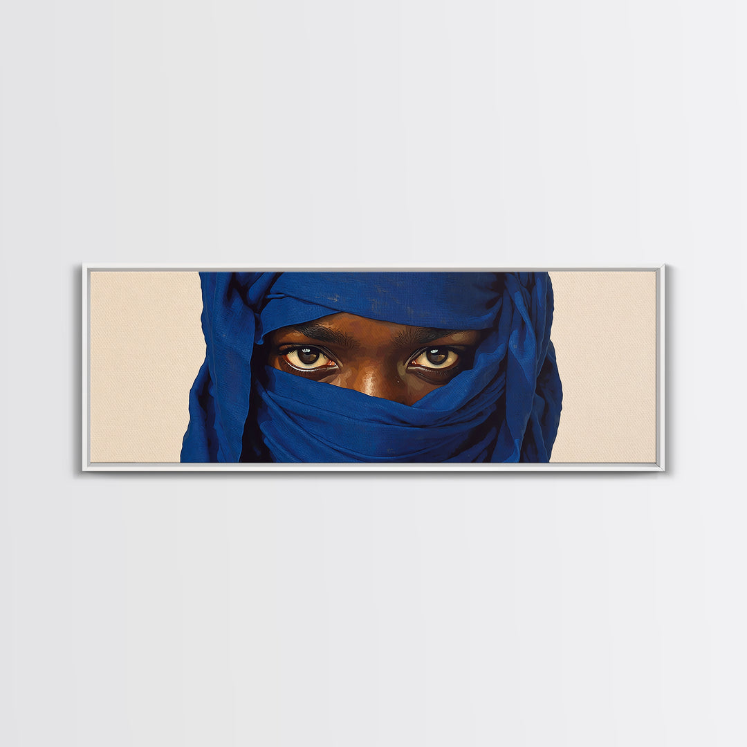 Intense Blue Veiled Eyes Portrait Canvas Print, African Woman Wall Art, Black Female Art, Minimalist Sahara Home Decor Gift