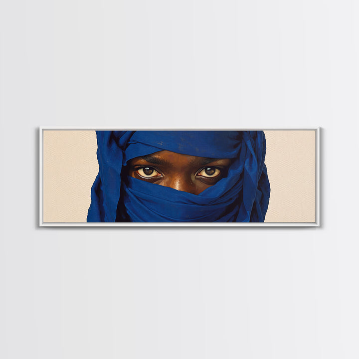 Intense Blue Veiled Eyes Portrait Canvas Print, African Woman Wall Art, Black Female Art, Minimalist Sahara Home Decor Gift