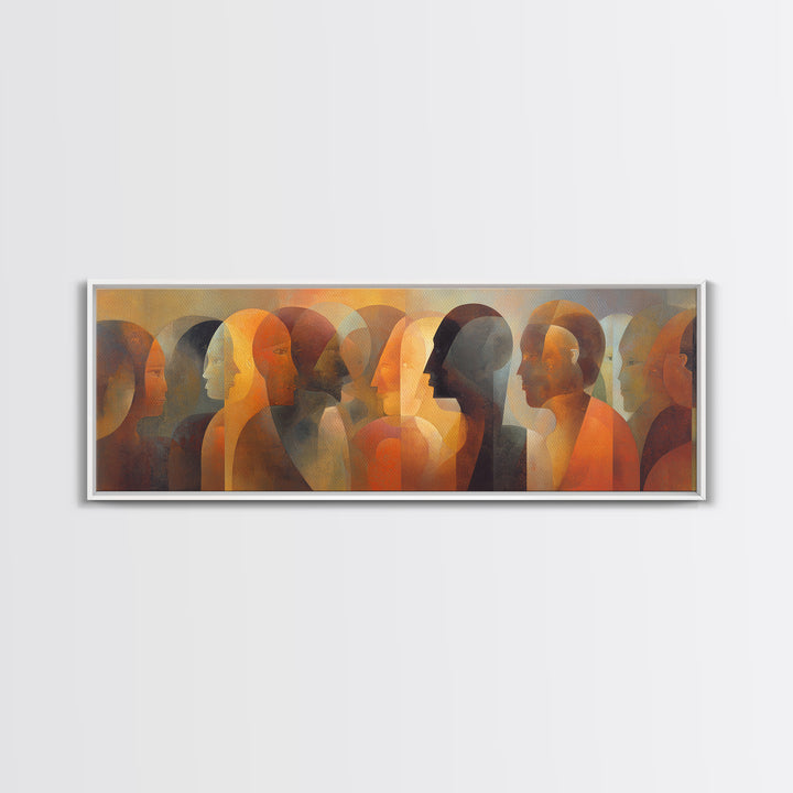 Layered African Dialogue Wall Art, Modern Afrocentric Abstract Faces, Black Culture Decor, Earth Tone Panoramic Print For Living Room
