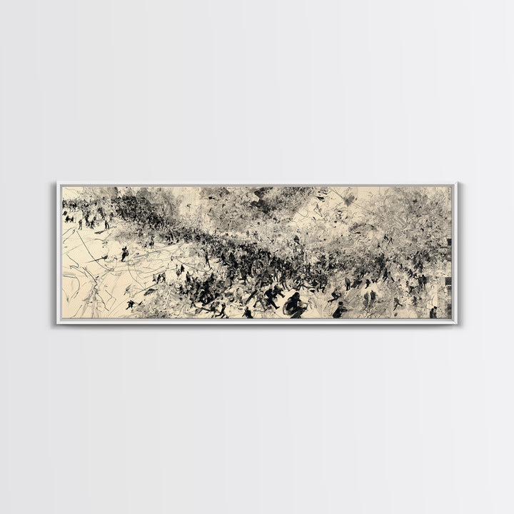 Monochrome African Migration Wall Art, Abstract Crowd Landscape, Black And White Culture Decor, Panoramic Art Print Home Gift