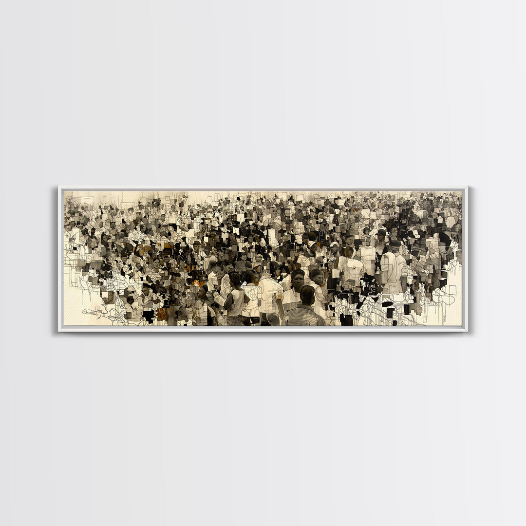 Sepia African Community Wall Art, Crowded Market Portrait, Black People Culture Decor, Panoramic Canvas Print Gift For Home