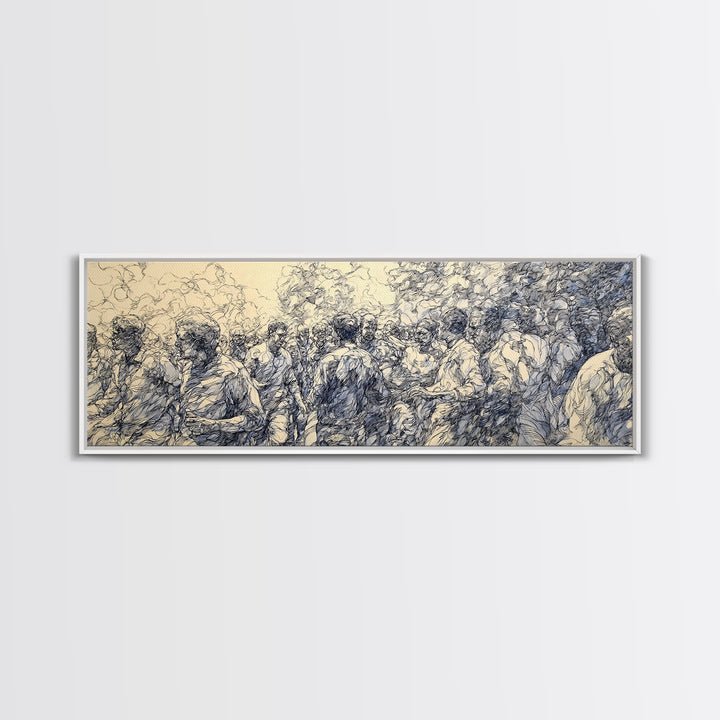 Blue Ink African Community Canvas Print, Expressive Line Drawing, Cultural Wall Decor, Black People Panoramic Art Home Decor Gift