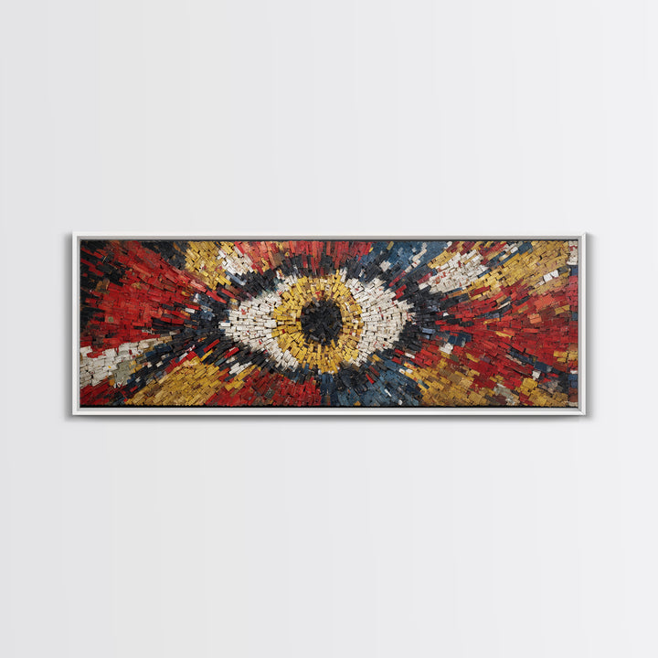 Exploding Eye Mosaic In Red Gold And Navy Framed Canvas Print, Abstract African Art, Bold Statement Wall Decor For Living Room
