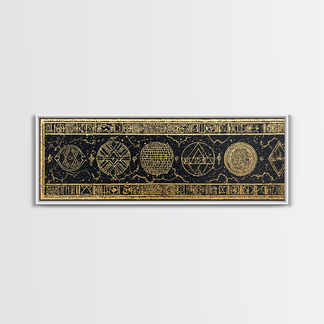 Gold Sacred Geometry Symbols On Black Canvas Print, African Patterns, Tribal Wall Art, Mystical Meditation Home Decor Gift