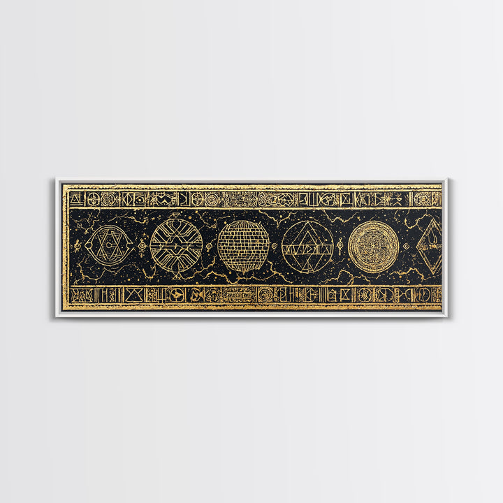 Gold Sacred Geometry Symbols On Black Canvas Print, African Patterns, Tribal Wall Art, Mystical Meditation Home Decor Gift