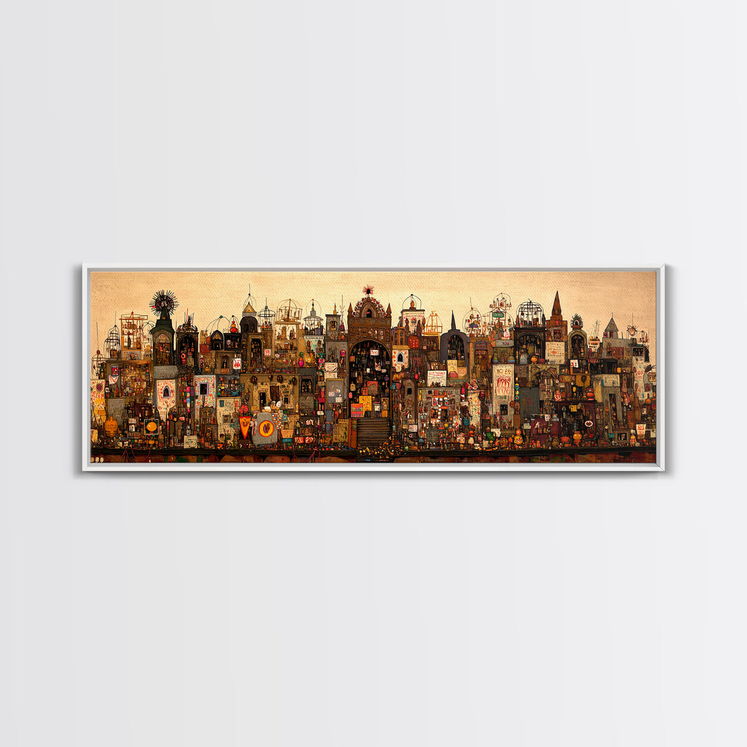 Intricate Fantasy City Shrine With Towers Canvas Print, African Inspired Wall Art, Maximalist Cultural Home Decor Unique Gift