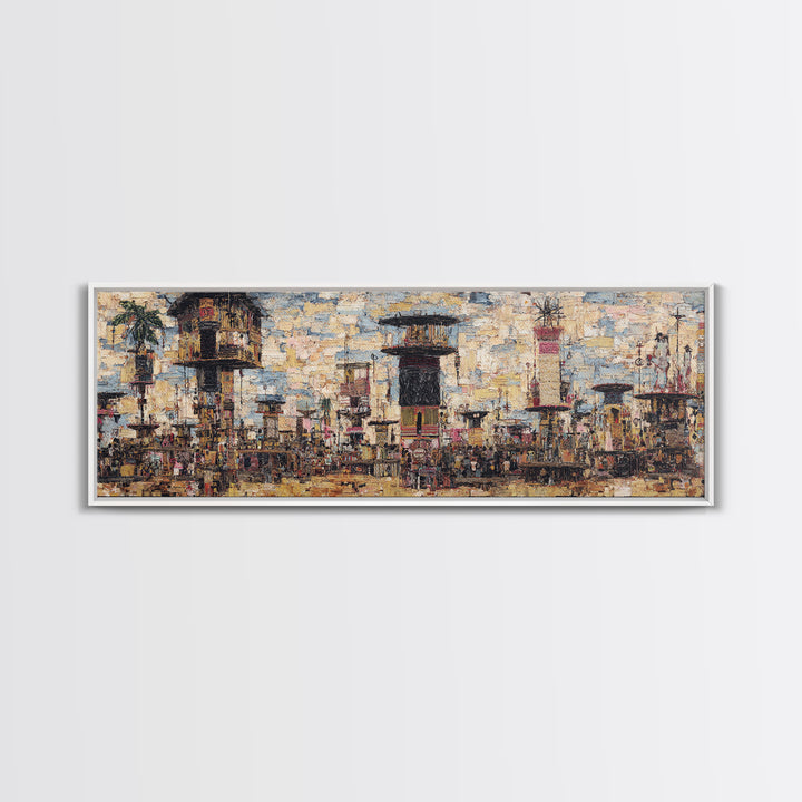 Abstract African City Skyline With Towers And Market Life Wall Art, Modern African Art, Urban Wall Art, Cultural Home Decor