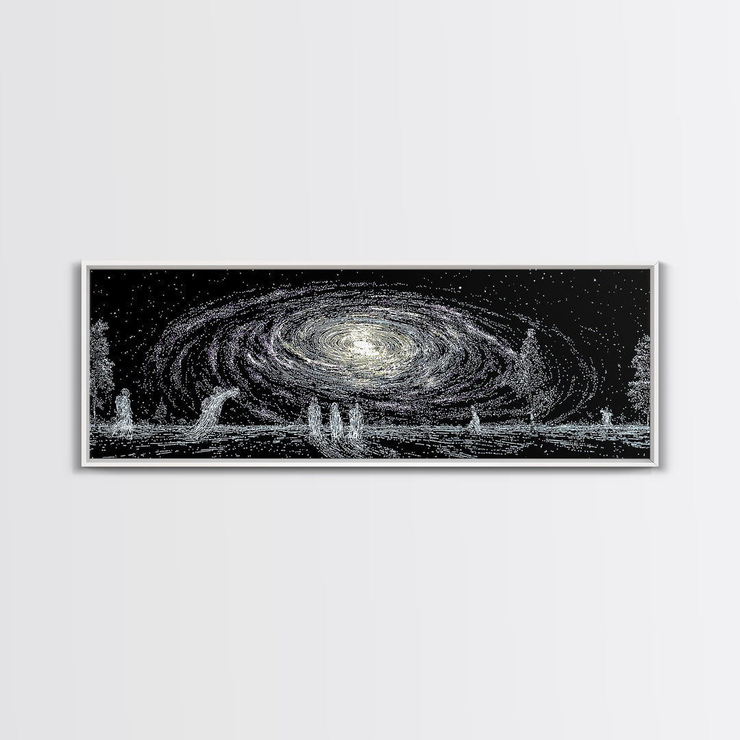 Cosmic Spiral Galaxy Over Water And Tiny Figures Canvas Print, Mystical Wall Art, Black And White Art, Contemporary Wall Art
