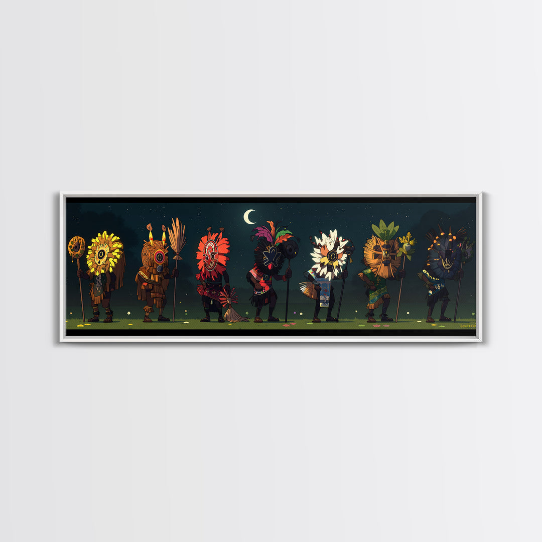 Moonlit African Mask Procession With Flower Headdresses Wall Art, Tribal Canvas Print, Boho Afrocentric Room Decor Statement Gift