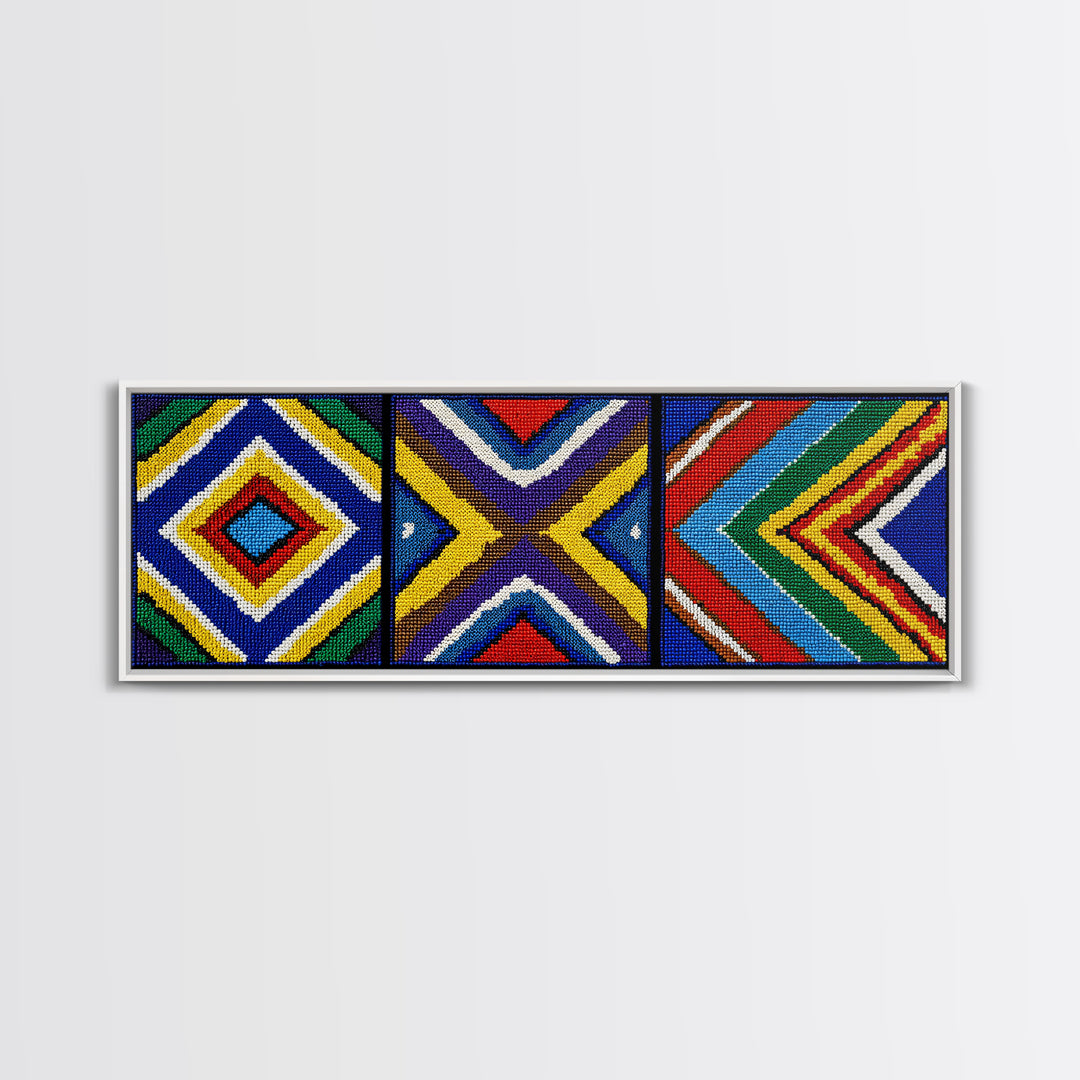 Three Panel Beaded Diamond Canvas Print, African Tribal Chevron Pattern, Geometric Wall Art, Colorful Boho Wall Decor, Set Of 3 Art
