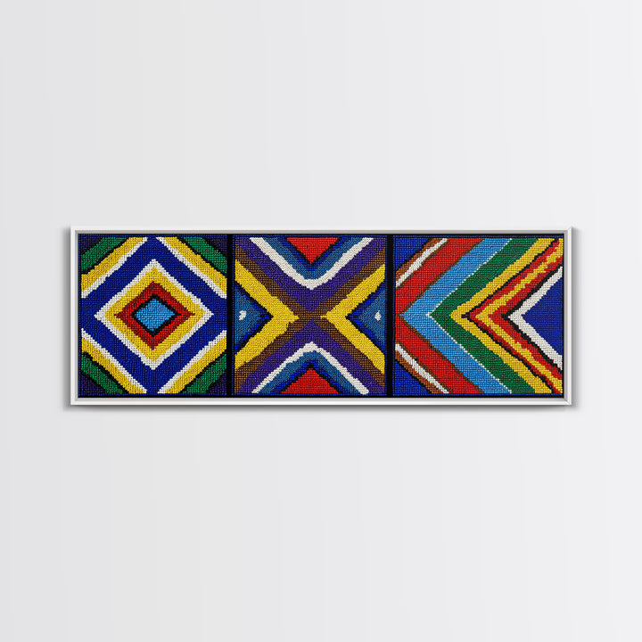 Three Panel Beaded Diamond Canvas Print, African Tribal Chevron Pattern, Geometric Wall Art, Colorful Boho Wall Decor, Set Of 3 Art