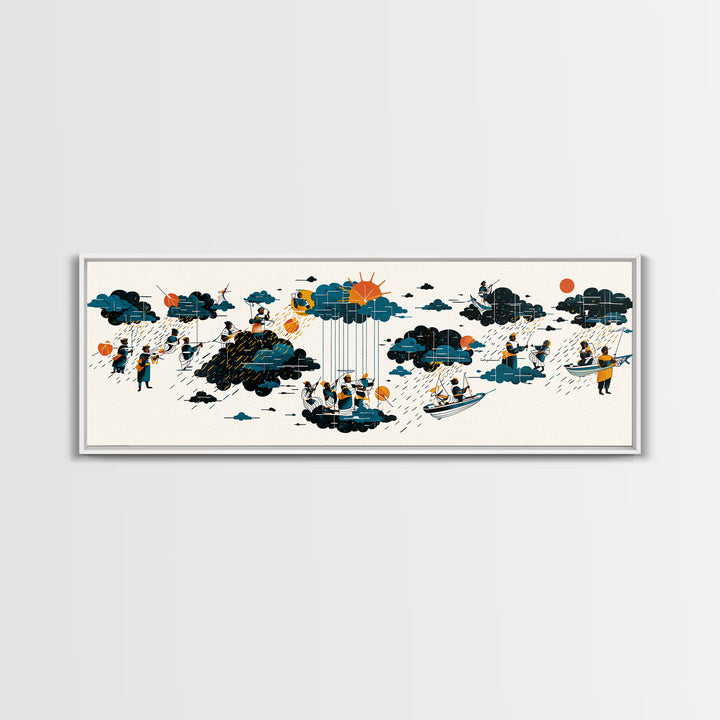 Whimsical Rain Cloud Journey Wall Art, Tiny Boats And Figures Illustration, Modern Blue Orange Canvas Print, Playful Decor