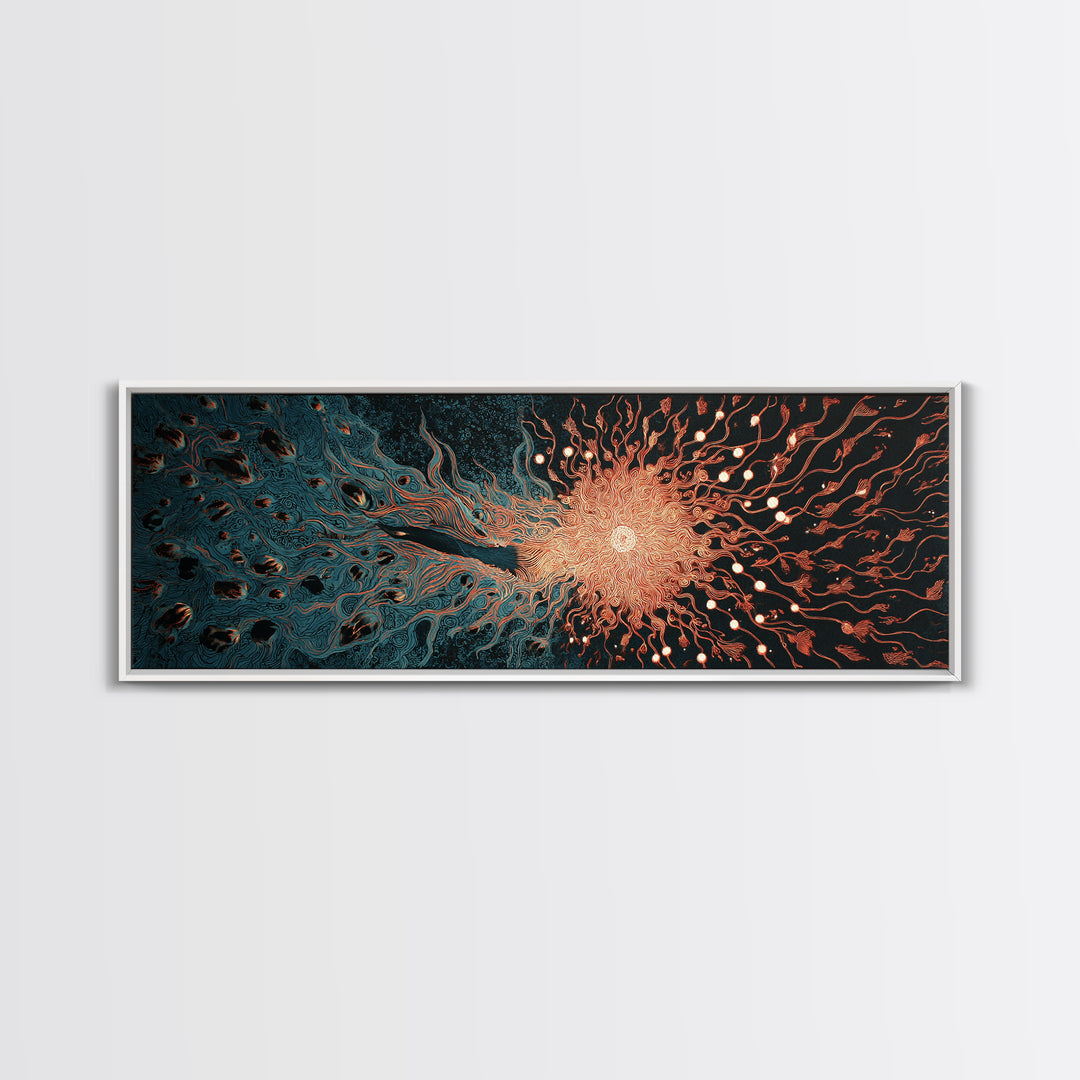 Fiery Coral Organic Bloom Wall Art, Teal Black Abstract Canvas Print, Contemporary Fluid Energy Decor, Bold Home Artwork