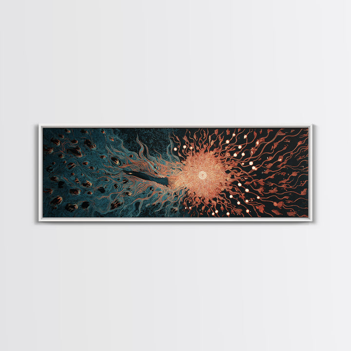 Fiery Coral Organic Bloom Wall Art, Teal Black Abstract Canvas Print, Contemporary Fluid Energy Decor, Bold Home Artwork