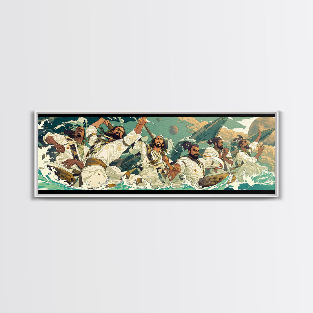 Heroic African Warriors At Sea Wall Art, Dynamic Cultural Canvas Print, Afrocentric Ocean Adventure Decor, Bold Statement Art