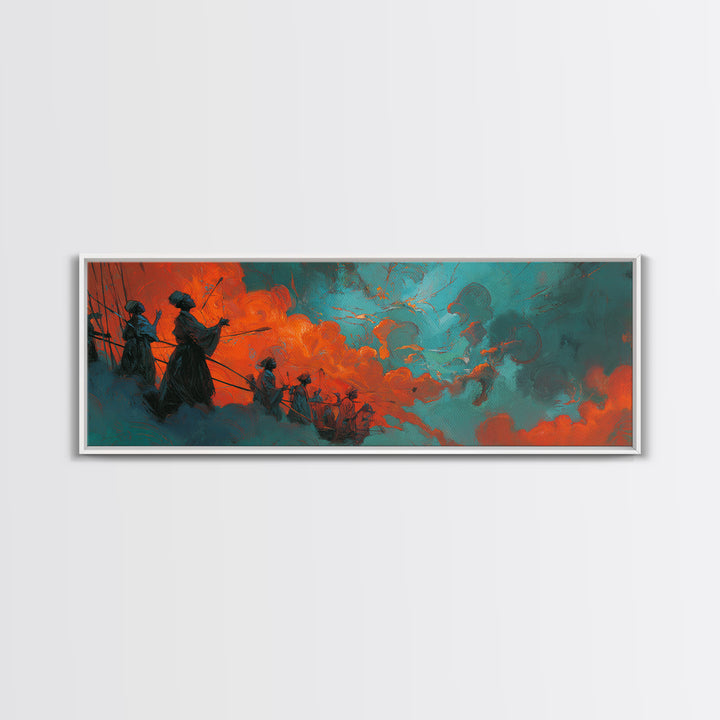 Orange Teal African Warriors In Storm Wall Art, Afrocentric Canvas Decor, Black Culture Art, Ancestral Spirit African Wall Decor