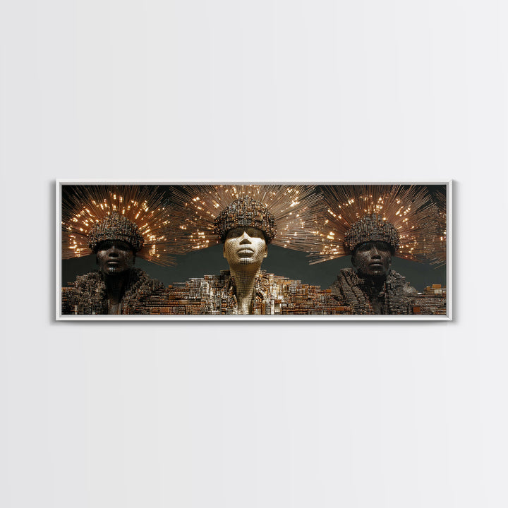 Radiant African Futurist Trio Framed Canvas Print, Black Culture Art, Afrocentric Wall Art, Gold Jewelry Canvas Decor Gift