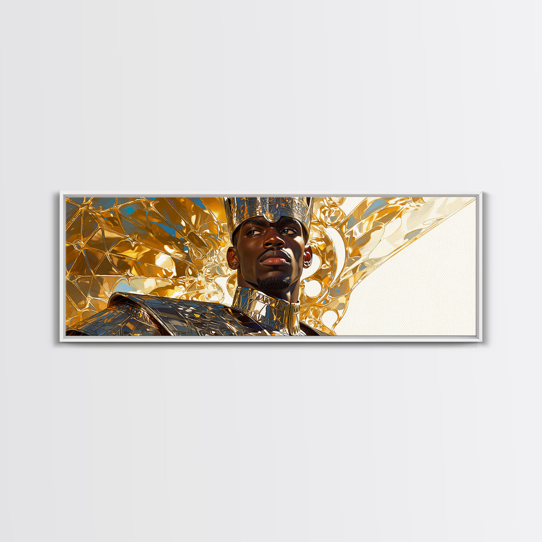 Majestic Black King In Gold Armor Framed Canvas Print, African Portrait, Black Man Wall Art, Afrocentric Decor, Royal Gift