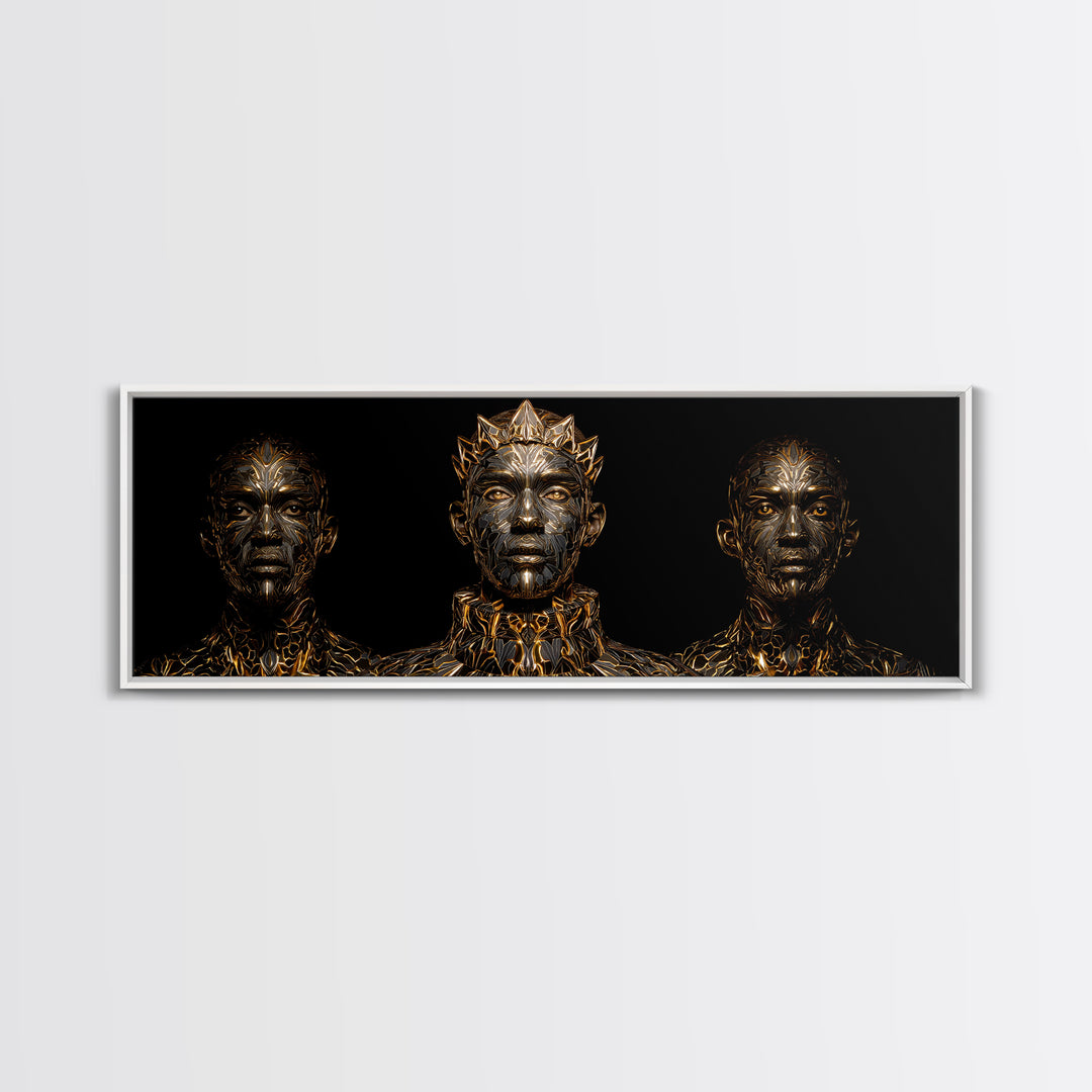 Three Crowned Black Kings In Gold Wall Art, African Warrior Art, Afrocentric Canvas Decor, Black Culture Art, Royal Portrait