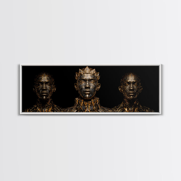 Three Crowned Black Kings In Gold Wall Art, African Warrior Art, Afrocentric Canvas Decor, Black Culture Art, Royal Portrait