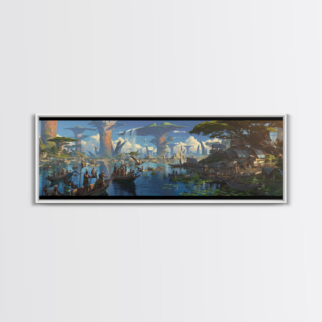 Afrofuturist African Waterfront Village Wall Art, Fantasy Baobab Landscape, Cultural Safari Decor, Unique Canvas Gift, Home Decor