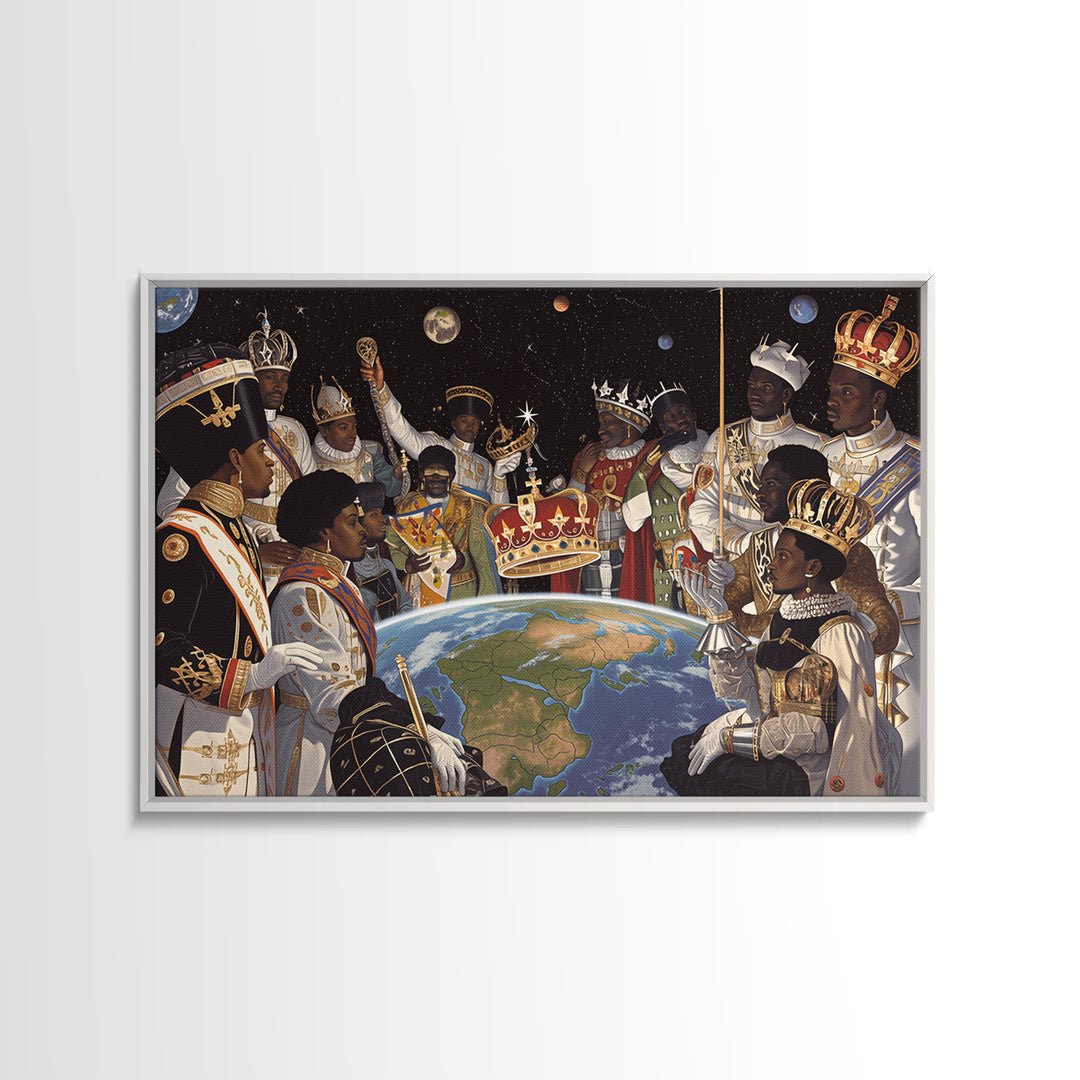 Cosmic African Royal Council Over Earth Wall Art, Afrocentric Black History Decor, African American Art, Regal Canvas Print