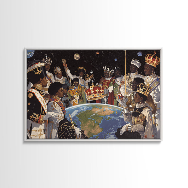 Cosmic African Royal Council Over Earth Wall Art, Afrocentric Black History Decor, African American Art, Regal Canvas Print