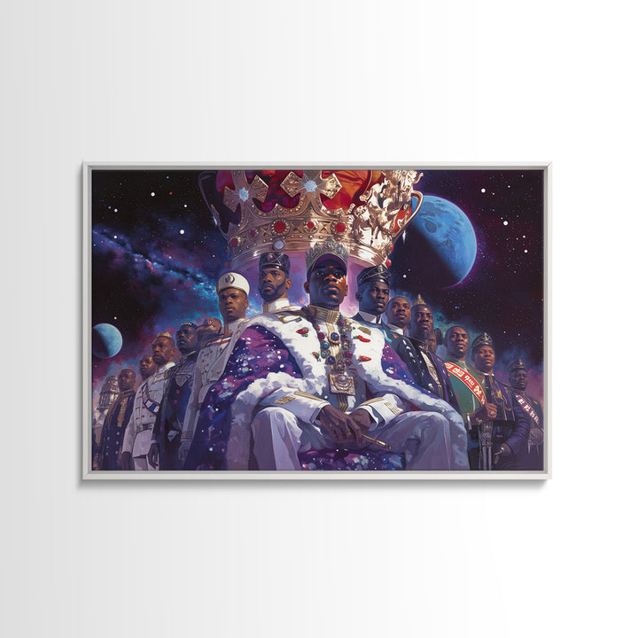 Galactic Black King And Royal Guard Framed Canvas Print, African American Art, Afrocentric Wall Decor, Black Man Portrait