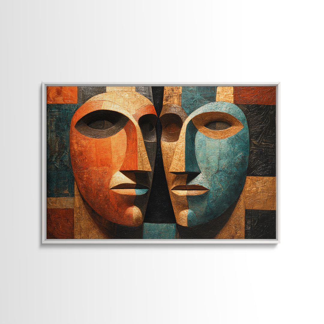 Cubist African Mask Faces Canvas Print, Abstract African Art, Tribal Wall Decor, Geometric Portrait, Bold Home Decor Gift