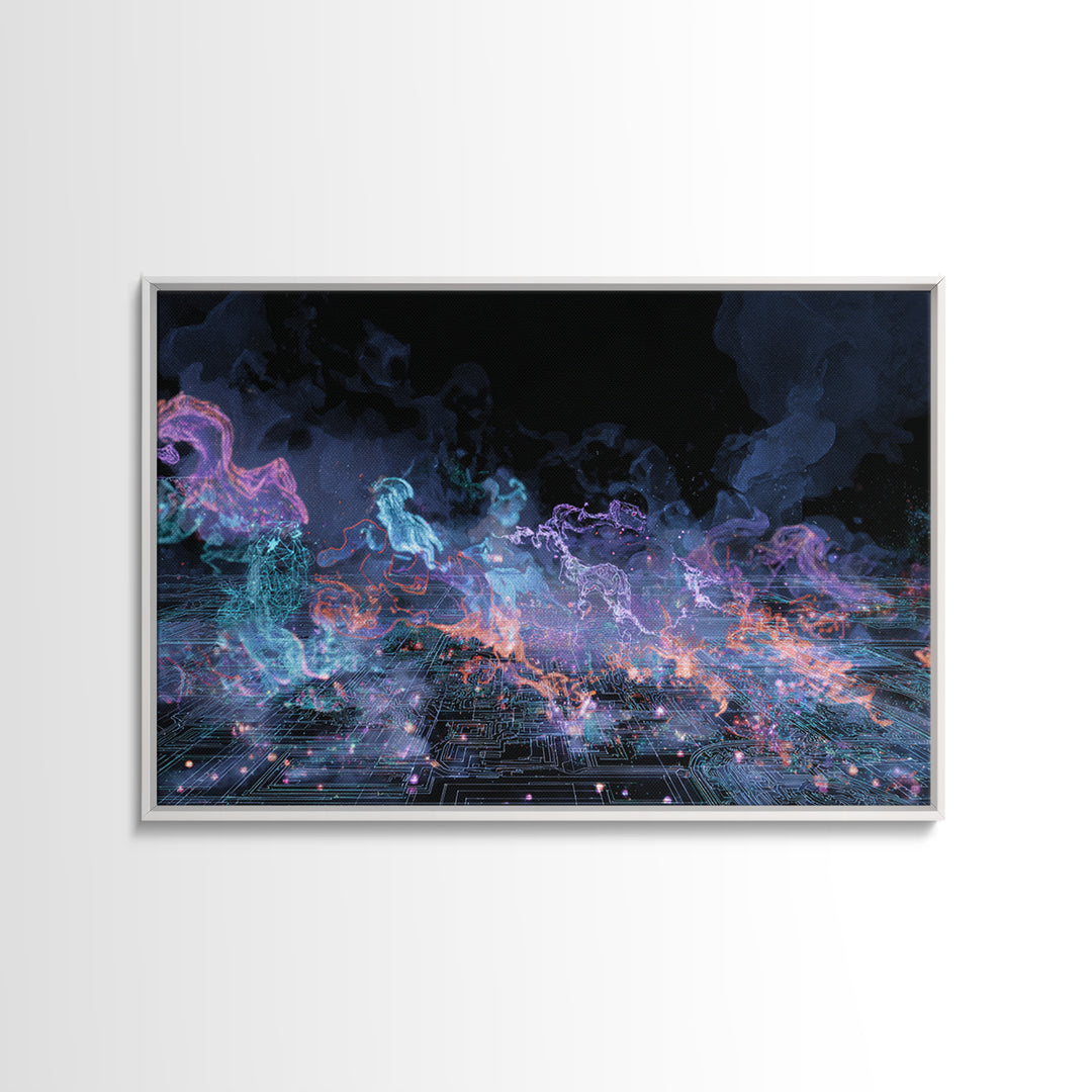 Neon Spirit Horses Over Cyber Grid Wall Art, Digital Art, Mystical Wall Decor, Abstract Black Canvas Print, Modern Decor