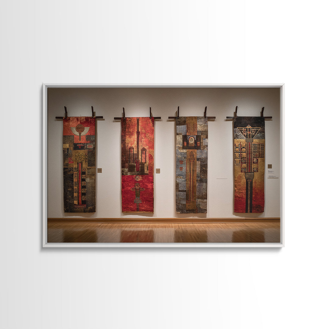 Earth Tone Textile Banners In Gallery, African Wall Art, Cultural Home Decor, Textile Art, Modern Framed Canvas Print, Museum Decor