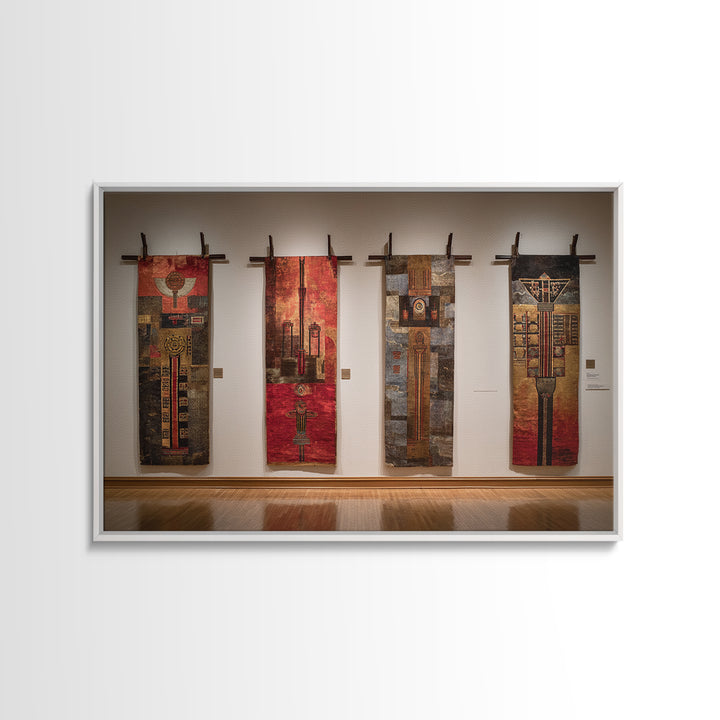 Earth Tone Textile Banners In Gallery, African Wall Art, Cultural Home Decor, Textile Art, Modern Framed Canvas Print, Museum Decor