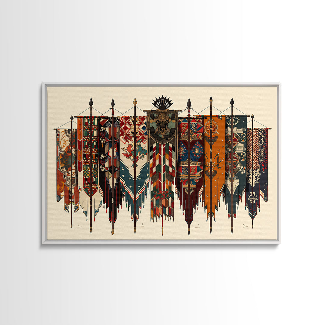 Patterned Tribal War Banners With Spears, African Wall Art, Ankara Decor, Cultural Art Print, Bold Framed Canvas Print, Ethnic Wall Decor